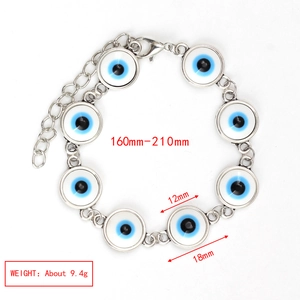 Vista detallada de la pulsera ojo de mal de ojo con dimensiones y cadena de aleación