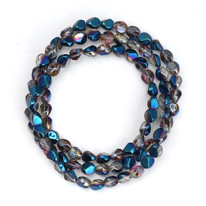 Detail of triple-strand irregular iridescent glass beads with metallic blue finish
