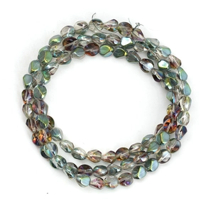 Macro view of twisted iridescent AB crystal glass beads with vibrant metallic rainbow luster
