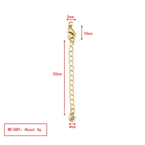 Detail view of 50mm gold lobster clasp extender chain with dimensions and weight specs