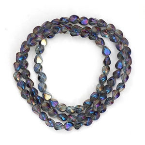 Detailed view of iridescent faceted glass beads with metallic blue and purple plating