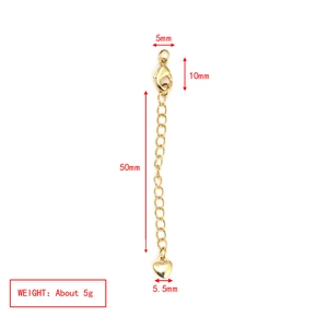 Detail view of 50mm gold extension chain with lobster clasp and heart pendant measurements