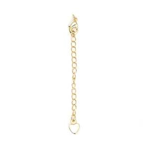 Detailed close-up of a gold-plated extender chain with lobster clasp and heart pendant