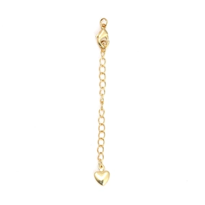 Detail of adjustable gold-tone necklace extension chain with lobster clasp and heart charm