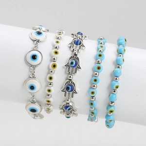 Pulsera de Aleación Bohemia Ojo Turco Mano de Fátima para Mujer Vintage Cuentas de Vidrio Azul Cadena Ajustable Joyería