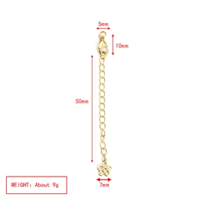 Detail of gold lobster clasp extender chain with five-petal flower charm and size labels