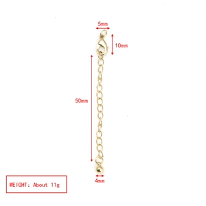 Detailed view of 50mm golden lobster clasp extender chain with sizing and weight info