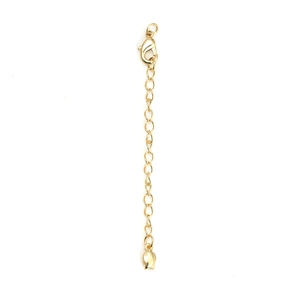 Close-up of golden lobster clasp and extender chain with heart-shaped metal pendant