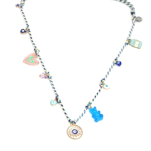 Handmade rainbow woven necklace with gummy bear charms and blue evil eye beads