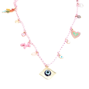 Detail of colorful charm necklace featuring a pink woven cord and blue evil eye pendant