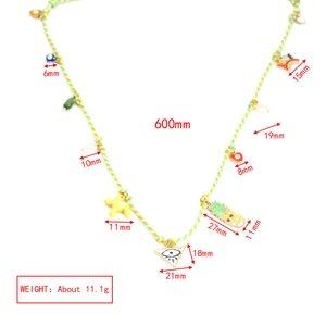 Detailed size parameters for a colorful woven necklace with bear and evil eye charms