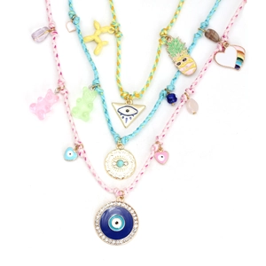 Colorful bear and evil eye woven necklace set with balloon dog and rainbow charms