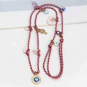 Colorful woven necklace with blue evil eye pendants and rainbow charms for women