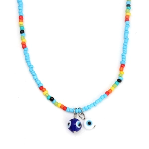 Colorful beaded necklace with evil eye pendants and vibrant glass seed beads