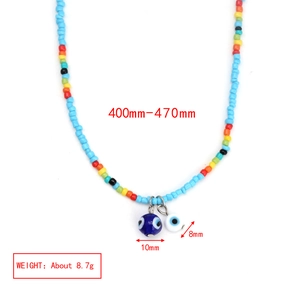 Detailed specs of the beaded evil eye necklace showing length and charm size