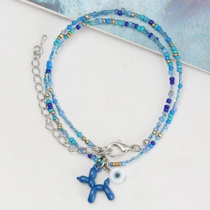 Collier multicouche en perles bleues avec chien ballon bleu et pendentif mauvais œil