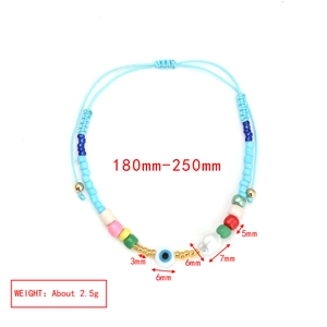 Close-up of adjustable evil eye bead bracelet with size specs and weight details