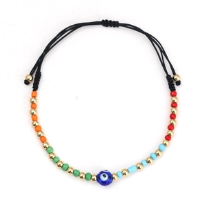 Detailed close-up of colorful beads and Evil Eye charm on adjustable black rope bracelet