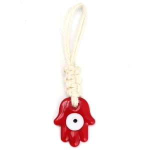 Detailed view of Red Hamsa Hand pendant with Evil Eye symbol and beige braided cord