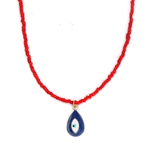 Close-up of red beads necklace featuring a blue evil eye teardrop enamel pendant