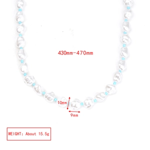 Detail view of pearl necklace with blue beads showing length 430-470mm and size 10x9mm