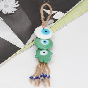 Green Evil Eye and Hamsa Hand braided rope keychain ornament for car or wall hanging