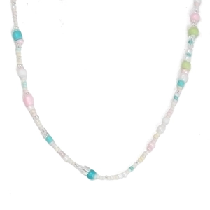 Detailed view of colorful macaron-style glass beads necklace on white background