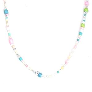 Close-up of colorful evil eye beaded necklace with faux pearls and gold pendant charms