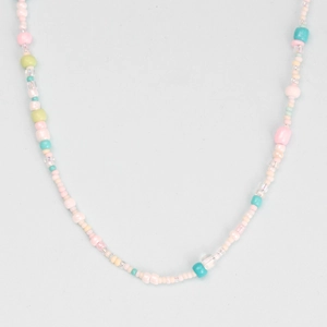Detail of multi-color beads and artificial pearls on the evil eye pendant necklace