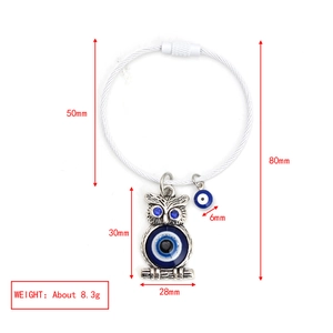 Detailansicht Eulen-Schlüsselanhänger mit Evil Eye Anhänger und Maßen 80x50mm