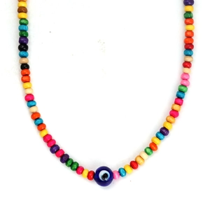 Close-up of colorful seed bead necklace with blue evil eye charm on white background