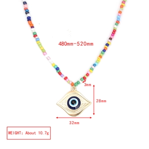 Size chart for colorful beaded necklace with evil eye pendant and measurement details