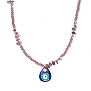 Detail of purple beads and amethyst gravel necklace with a teardrop evil eye pendant