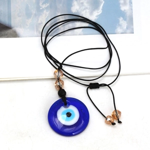 Ketting met blauwe Evil Eye glazen hanger, zwart koord en bruine kristallen kralen