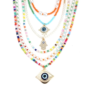 Bohemian Multi Layer Evil Eye Pendant Necklace Colorful Seed Beads Imitation Artificial Pearl Hamsa Hand Choker For Women Ethnic Jewelry Gift