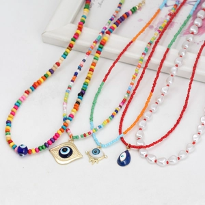 Colorful beaded Evil Eye necklaces and imitation pearls with gold charms for women