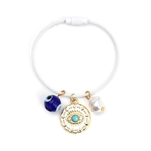 Armband mit blauem bösem Blick, Barockperle und weißem Seil mit goldenen Anhängern