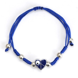 Blue braided rope bracelet with silver beads and evil eye peace heart pendant