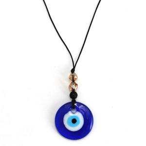 Blauwe Evil Eye hanger ketting met amberen kralen en een zwart koord touw