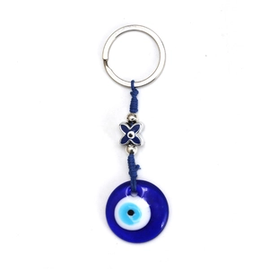 Macro di portachiavi Occhio di Allah in vetro con cordino blu e ciondoli in metallo argento