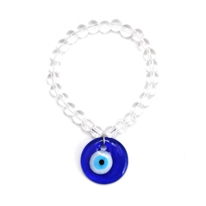 Ethnic glass beaded keychain with a blue evil eye pendant and round crystal beads