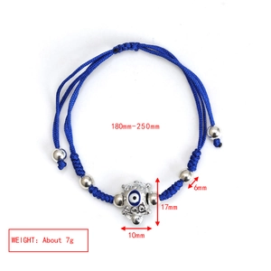 Detailed size parameters of adjustable blue rope bracelet with silver turtle evil eye charm