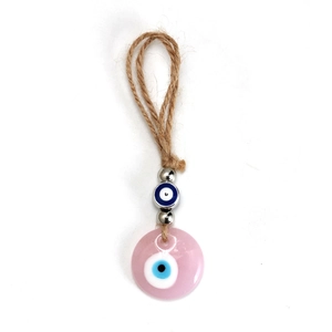 Pink evil eye charm with braided rope and blue beads for car or home wall decor