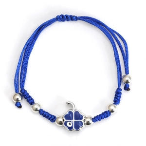 Blue braided rope bracelet with silver beads and lucky clover devil's eye charm detail