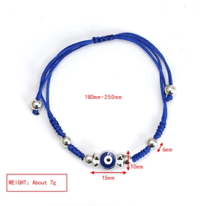 Detailed size specifications for blue woven evil eye bracelet with dimensions and weight