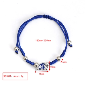 Blue braided rope bracelet featuring heart devil eye charm and silver beads detail