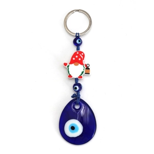 Christmas gnome evil eye keychain featuring blue glass drop and star hat decoration