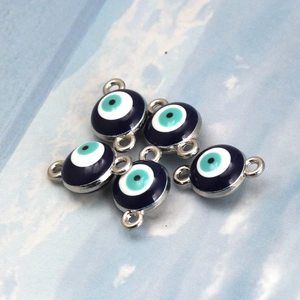 Set of five blue enamel evil eye pendants with double silver loops for DIY jewelry