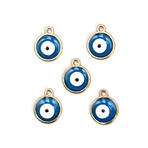 Detailed view of five blue and gold evil eye charms for DIY jewelry making