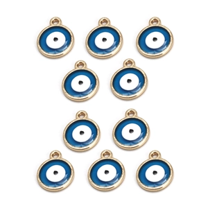 Close-up of ten gold-rimmed blue evil eye charms with top loops for DIY jewelry making